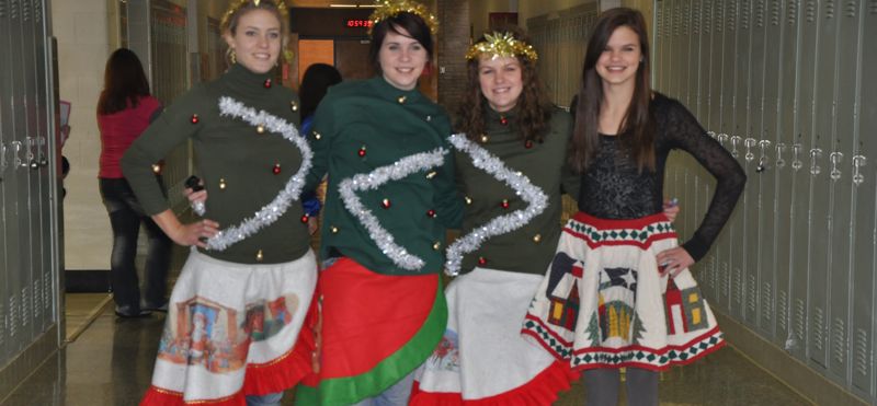 AHS students from left to right, Lyndsey Block, Hannah Wood, Ashtyn Shrewsbury, Ellie Applegarth start a new holiday fashion craze by stripping the trees of their skirts and wearing them this holiday season.
