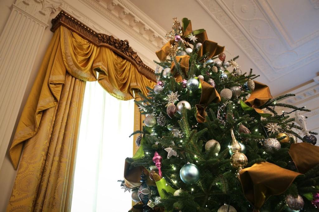 A beautiful christmas tree stands around seven feet tall in the White House.
