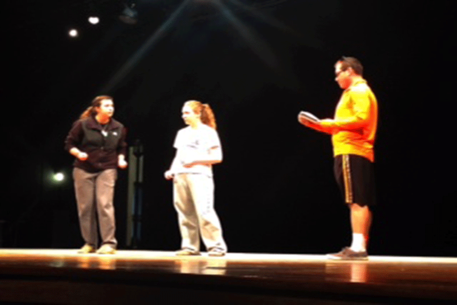Brianna Ridenour, Megan Buskirk, and Dan Marquez practicing a scene