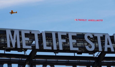 A plane carrying a banner that reads #GoodellMustGo. The baner was paid for by Ultraviolet, a women's right group. 